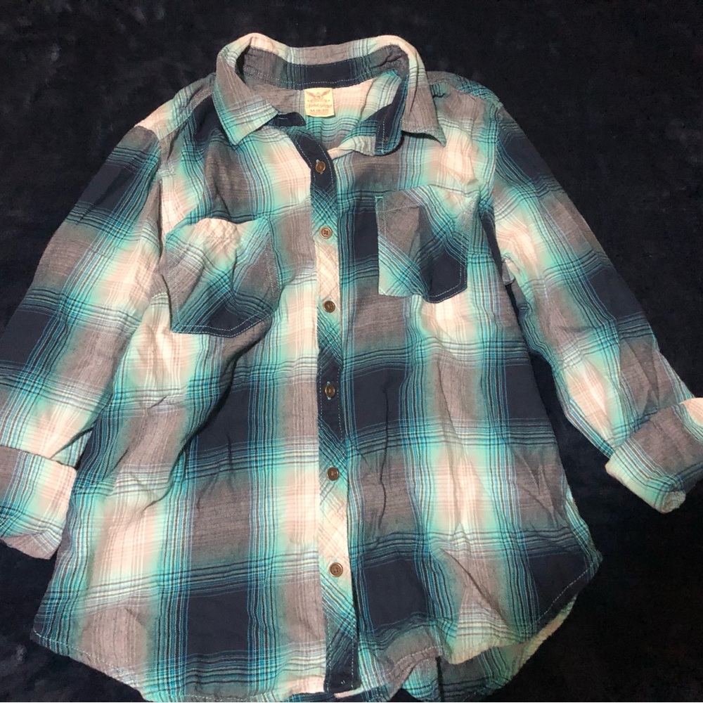 Faded Glory Teal Navy Blue & White Plaid Button Down Top